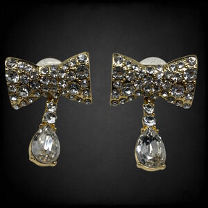 BaubleBar Gold Tone & Crystal Bow Dangle Earrings Pierced Mogul Couture Runway